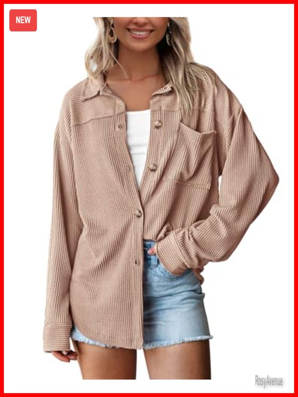 Women's Textured Oversized Button Down Shacket with Pockets